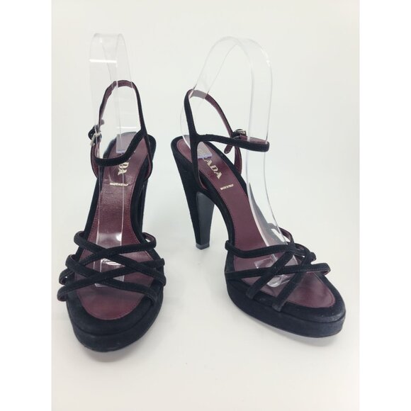 Prada Vintage Black Suede Mary Jane Strappy Ankle Sandals Size 38 - Picture 4 of 6